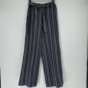 W BY WORTH Navy White Yellow Stripe Wide Leg Pants Size 2 Nautical Linen Boho